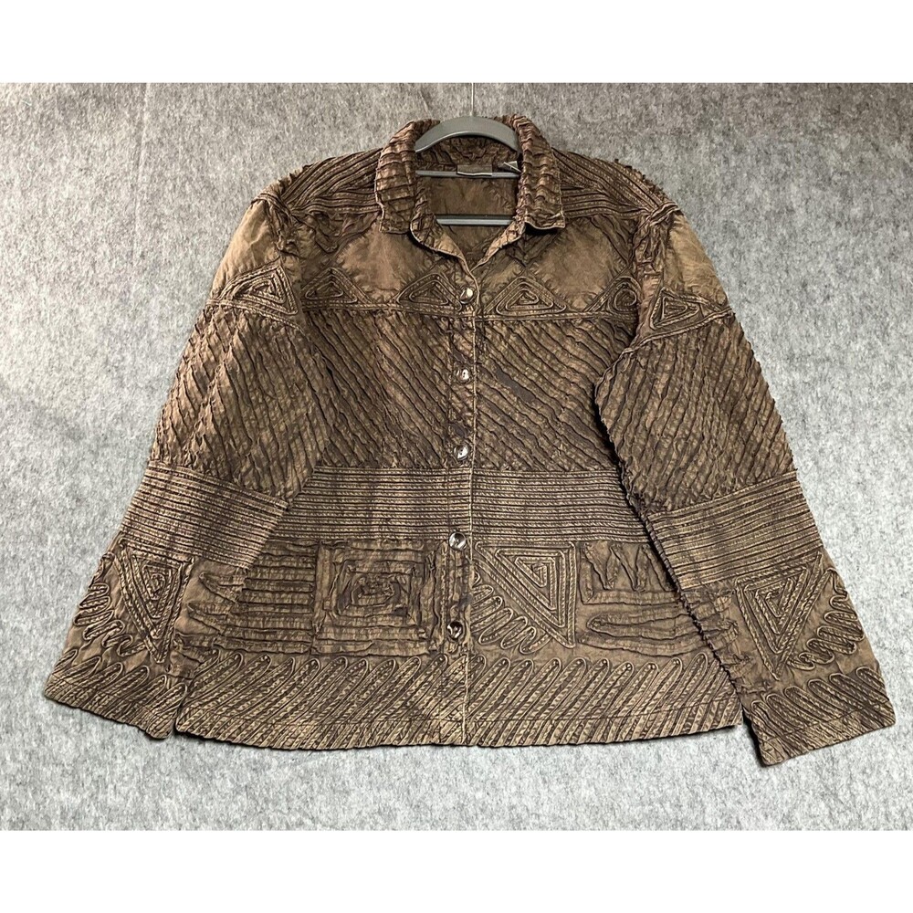 Chicos Jacket Womens 2 Large Brown Textured Pockets Button Cotton Southwest Boho